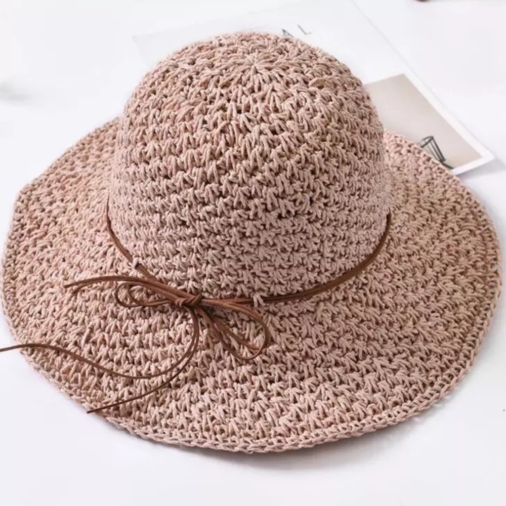 Summer Pink Sun Hat In Light Rose, Beach Foldable Straw Large Brim Travel Hat - Picture 2 of 4
